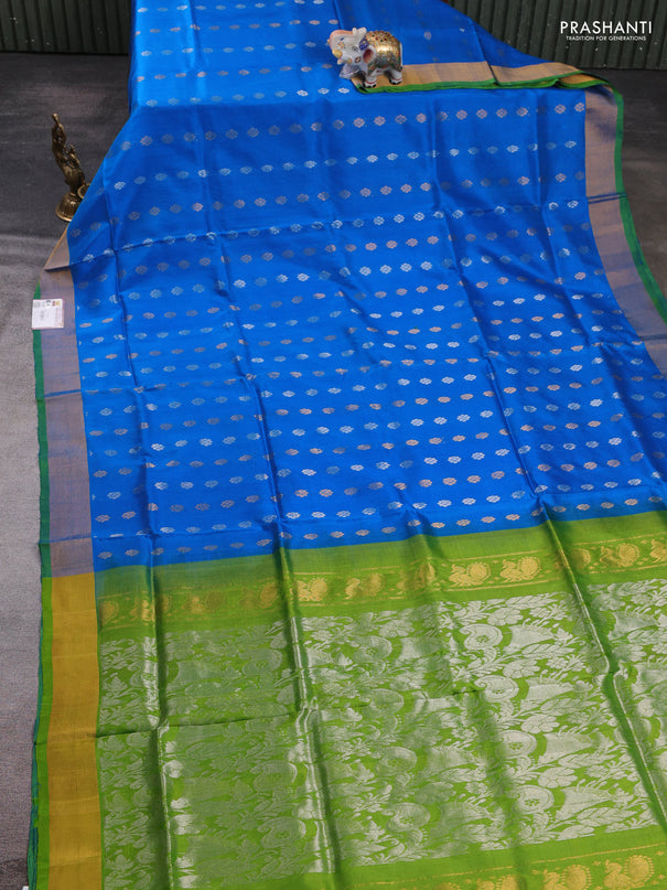 Pure uppada silk saree cs blue and light green with allover silver & zari woven buttas and zari woven border