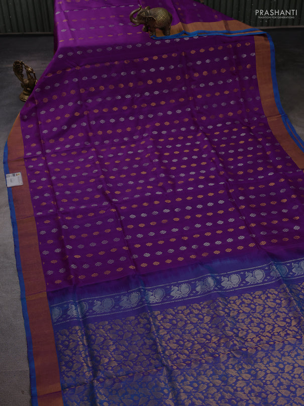 Pure uppada silk saree purple and cs blue with allover silver & zari woven buttas and zari woven border