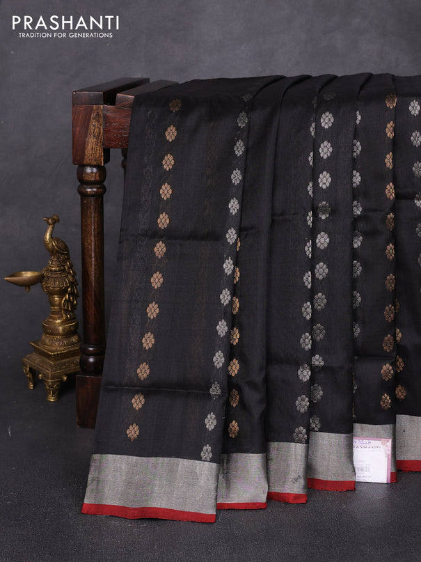 Pure uppada silk saree black and rust shade with allover silver & zari woven buttas and zari woven border