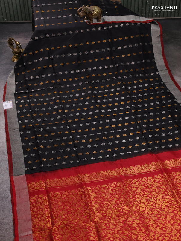 Pure uppada silk saree black and rust shade with allover silver & zari woven buttas and zari woven border