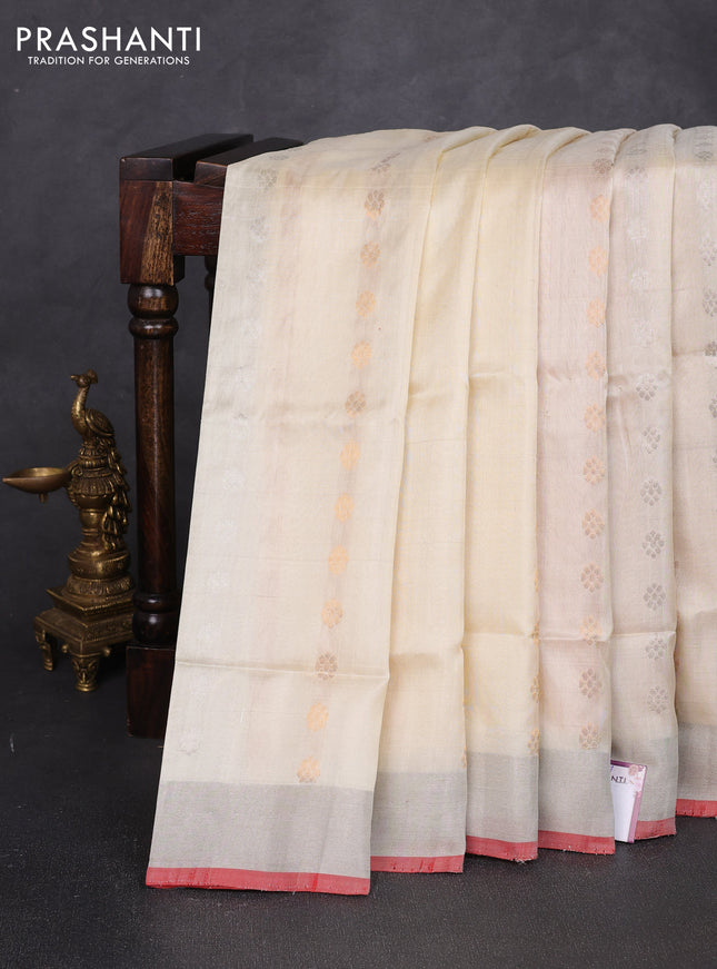 Pure uppada silk saree cream and red with allover silver & zari woven buttas and zari woven border