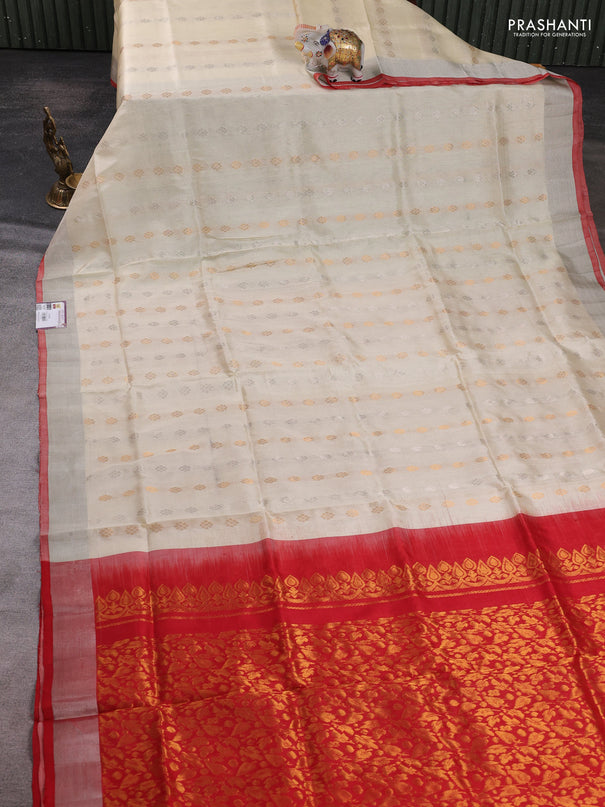 Pure uppada silk saree cream and red with allover silver & zari woven buttas and zari woven border