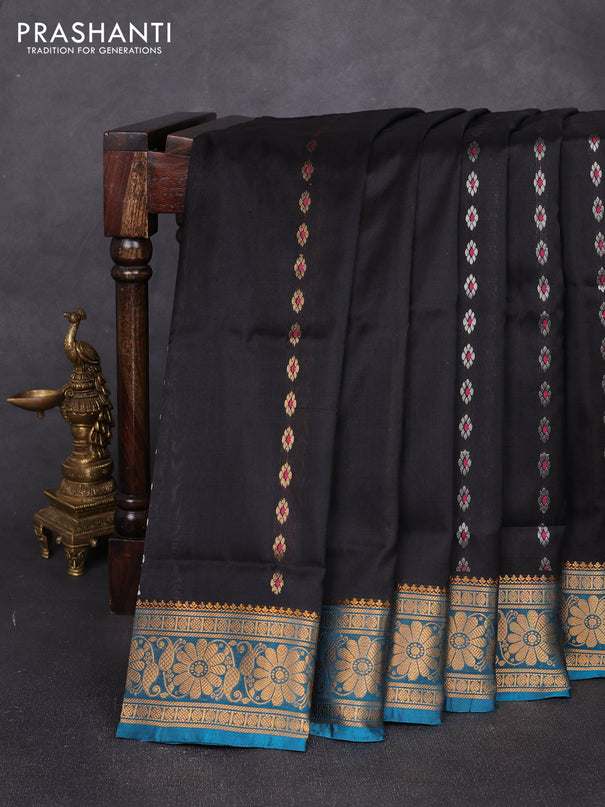 Pure uppada silk saree black and peacock blue with allover silver & zari woven buttas and zari woven border
