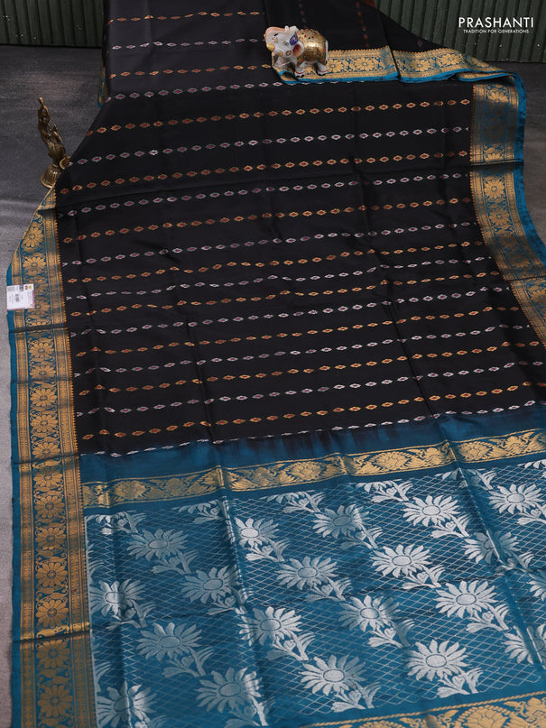 Pure uppada silk saree black and peacock blue with allover silver & zari woven buttas and zari woven border