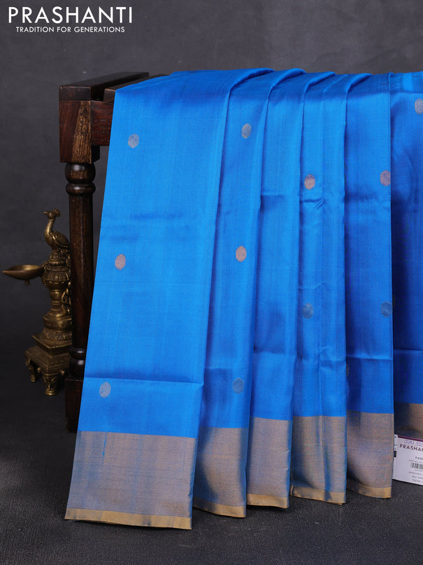Pure uppada silk saree cs blue and mustard yellow with allover silver & buttas and jamdhani weaving pallu