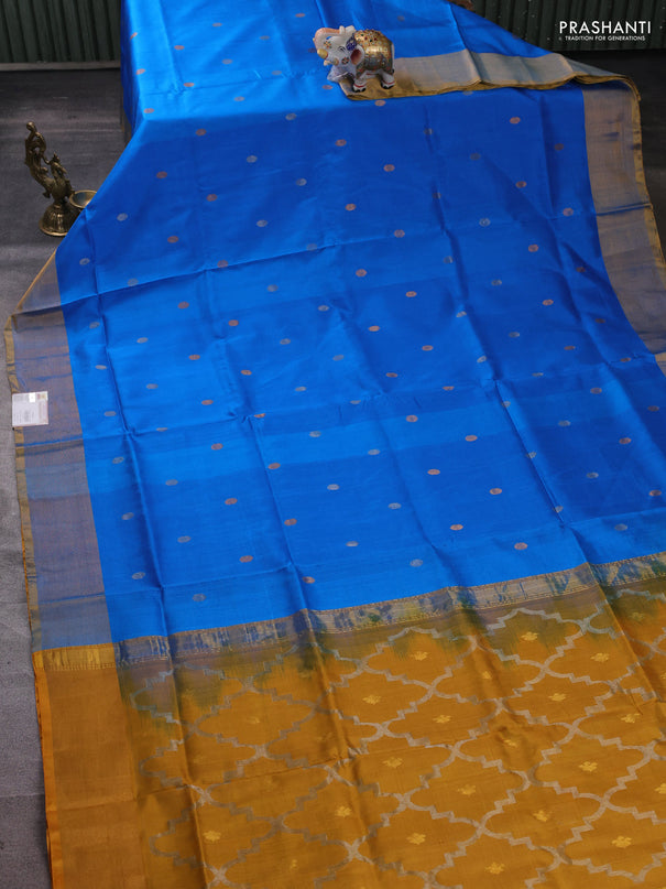 Pure uppada silk saree cs blue and mustard yellow with allover silver & buttas and jamdhani weaving pallu