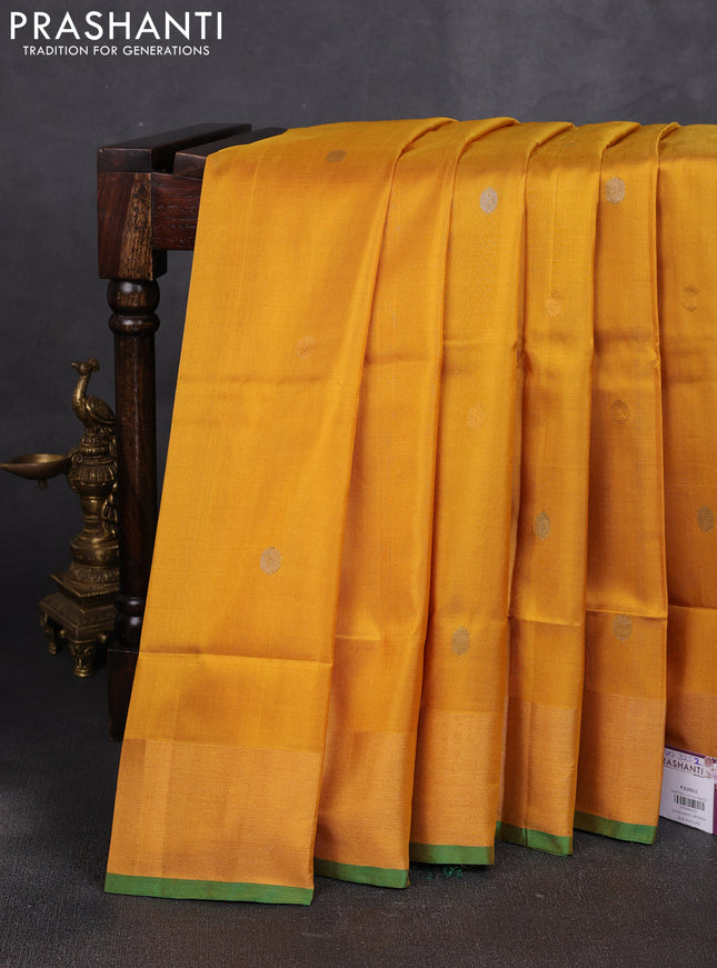 Pure uppada silk saree mustard yellow and green with allover silver & buttas and jamdhani weaving pallu