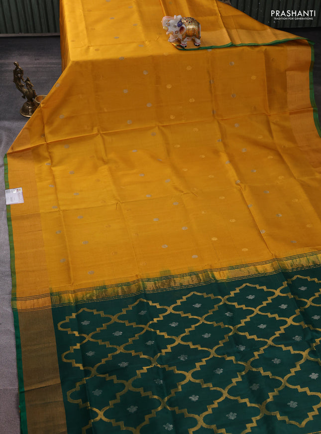 Pure uppada silk saree mustard yellow and green with allover silver & buttas and jamdhani weaving pallu
