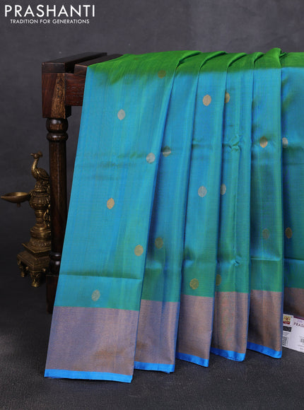 Pure uppada silk saree teal green and teal blue with allover silver & buttas and jamdhani weaving pallu