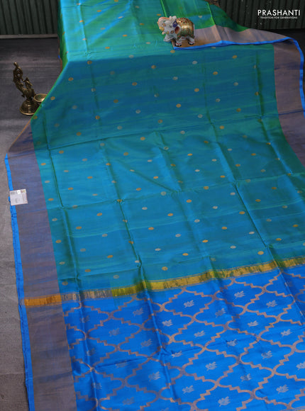 Pure uppada silk saree teal green and teal blue with allover silver & buttas and jamdhani weaving pallu