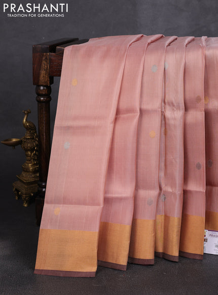 Pure uppada silk saree mild peach and coffee brown with allover silver & buttas and jamdhani weaving pallu