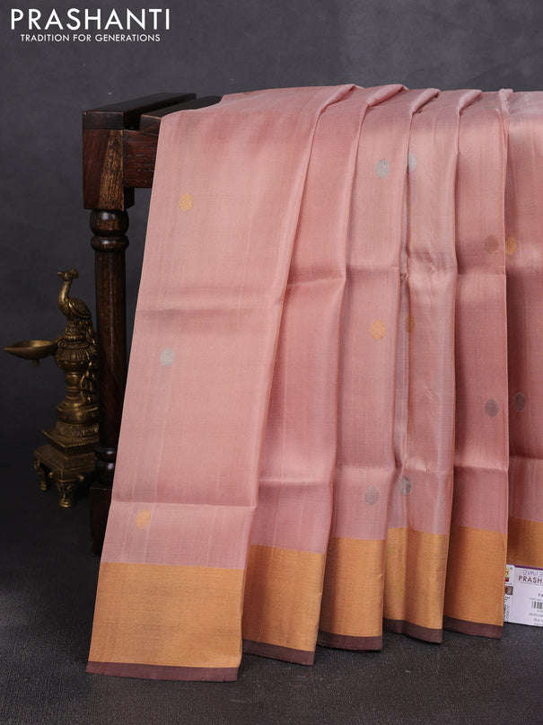 Pure uppada silk saree mild peach and coffee brown with allover silver & buttas and jamdhani weaving pallu