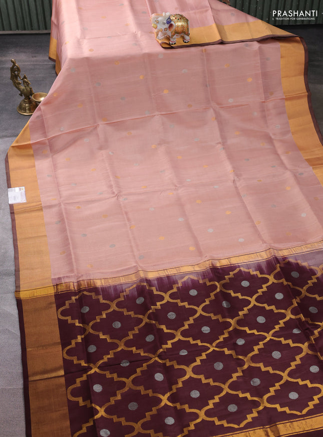 Pure uppada silk saree mild peach and coffee brown with allover silver & buttas and jamdhani weaving pallu