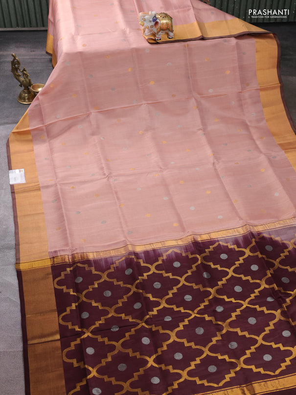 Pure uppada silk saree mild peach and coffee brown with allover silver & buttas and jamdhani weaving pallu