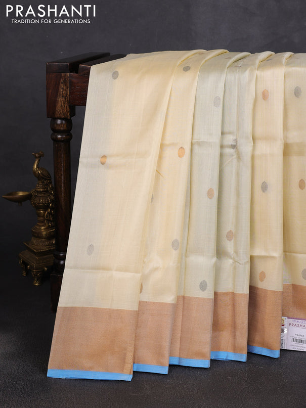 Pure uppada silk saree cream and cs blue with allover silver & buttas and jamdhani weaving pallu