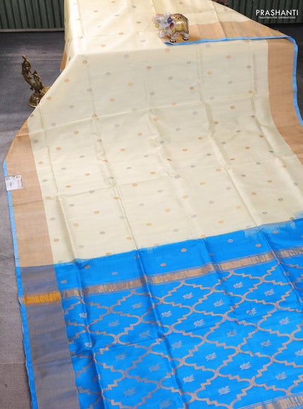 Pure uppada silk saree cream and cs blue with allover silver & buttas and jamdhani weaving pallu