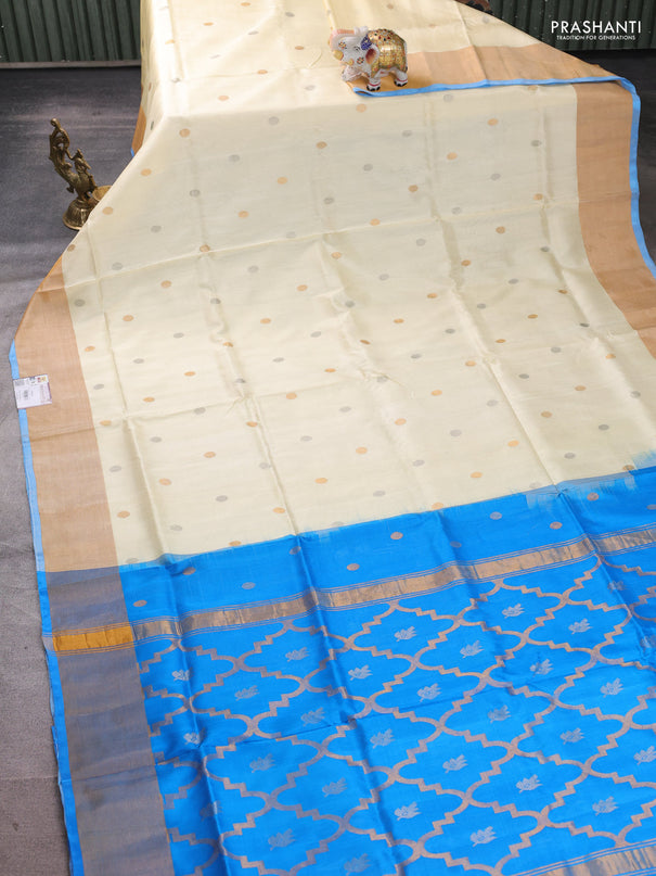 Pure uppada silk saree cream and cs blue with allover silver & buttas and jamdhani weaving pallu