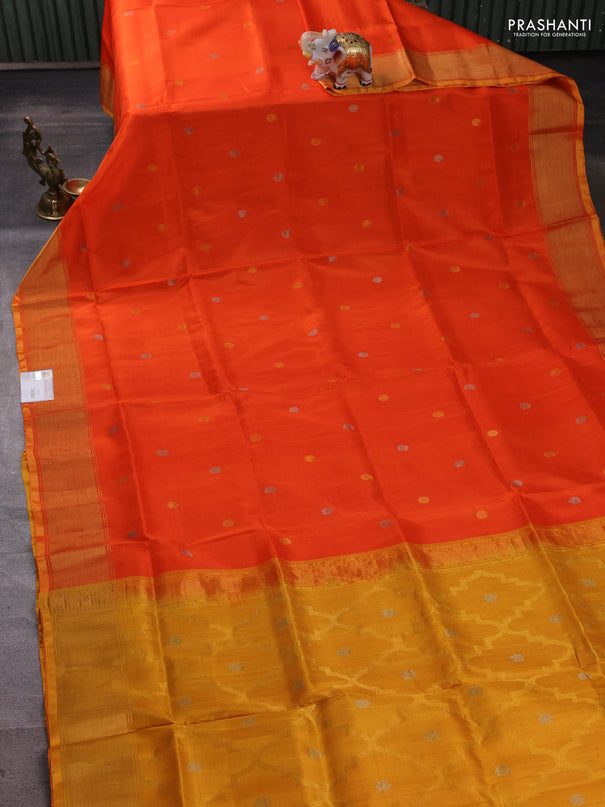 Pure uppada silk saree orange and mustard yellow with allover silver & buttas and jamdhani weaving pallu