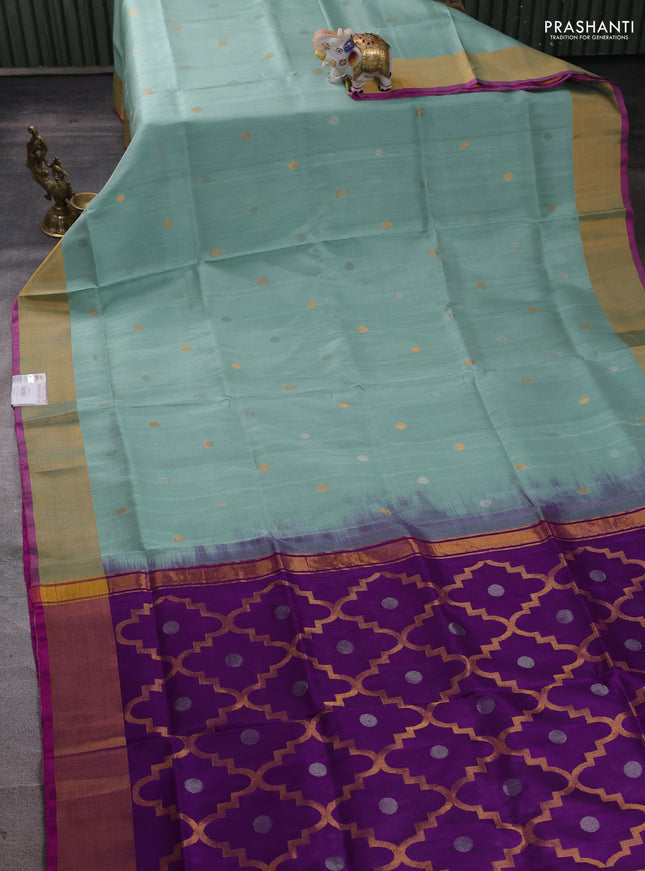 Pure uppada silk saree pastel green and purple with allover silver & buttas and jamdhani weaving pallu