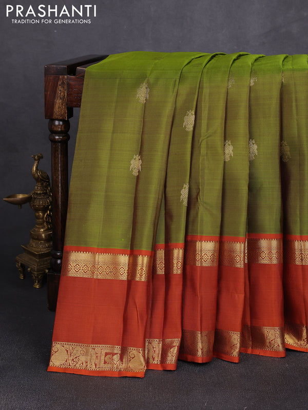Pure kanchipuram silk saree mehendi green and rust shade with zari woven buttas and long rettapet zari woven border