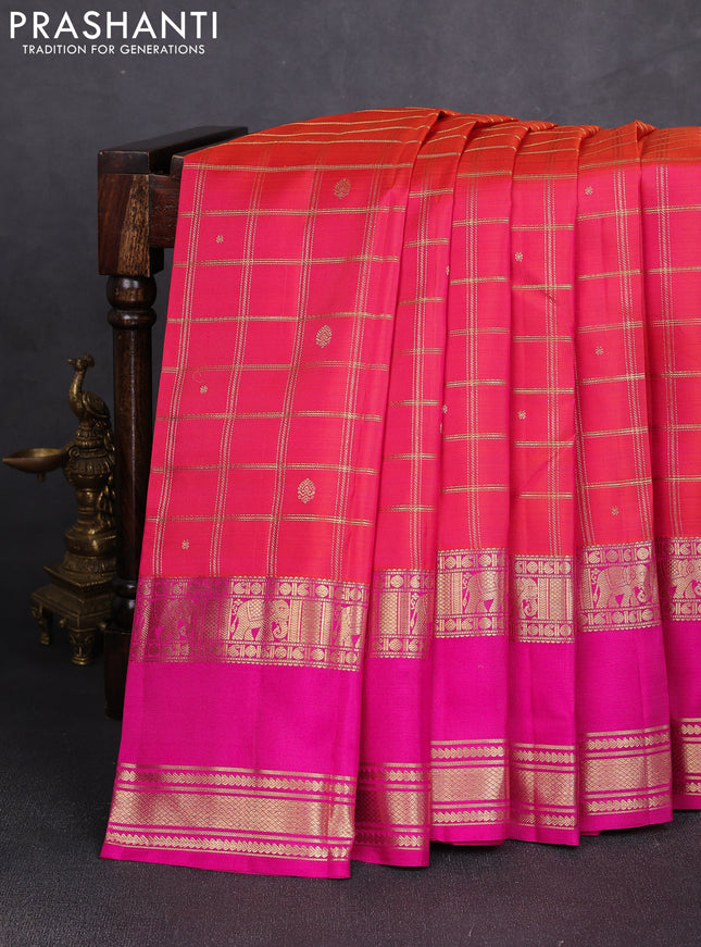 Pure kanchipuram silk saree dual shade pinkish orange and pink with allover zari checks & buttas and long rettapet zari woven border