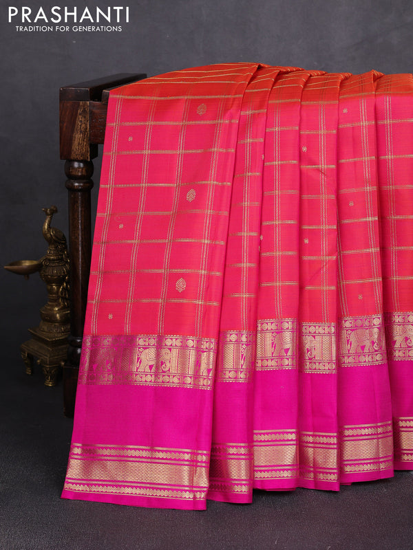 Pure kanchipuram silk saree dual shade pinkish orange and pink with allover zari checks & buttas and long rettapet zari woven border