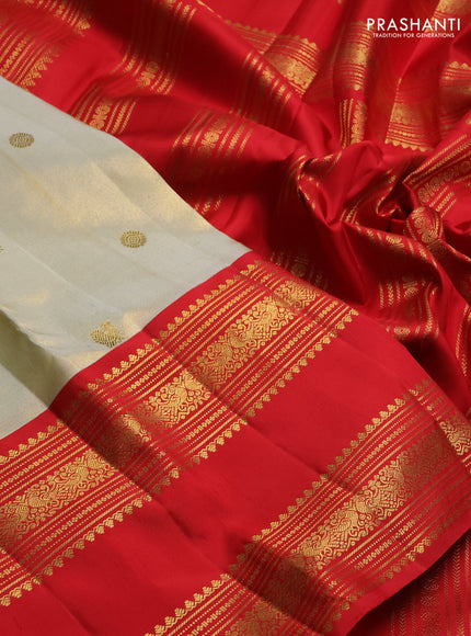 Pure kanchipuram silk saree beige and red with zari woven buttas and long rettapet zari woven border