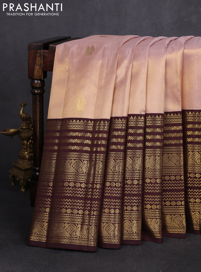 Pure kanchipuram silk saree mild peach and coffee brown with zari woven buttas and long zari woven border