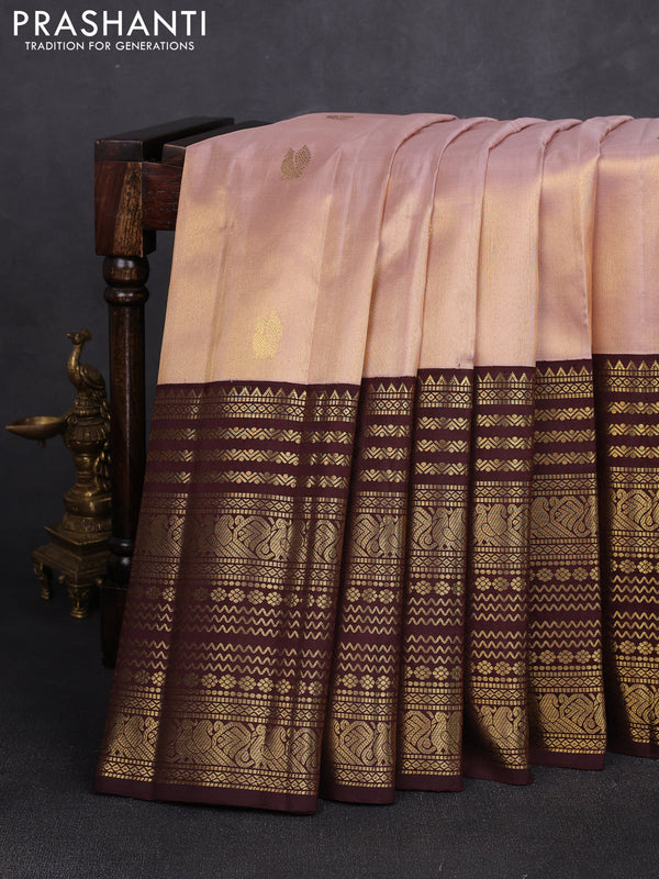 Pure kanchipuram silk saree mild peach and coffee brown with zari woven buttas and long zari woven border