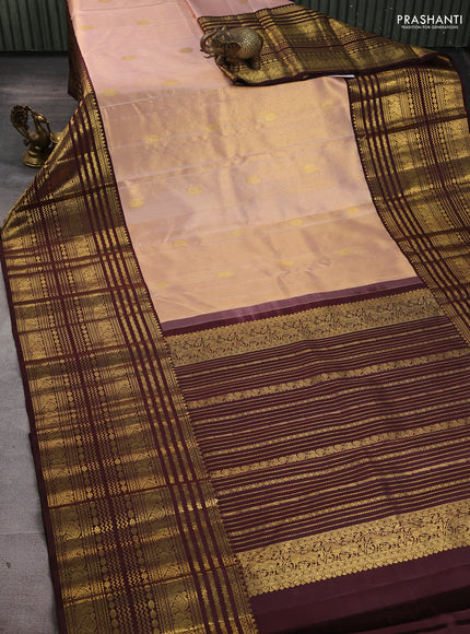 Pure kanchipuram silk saree mild peach and coffee brown with zari woven buttas and long zari woven border