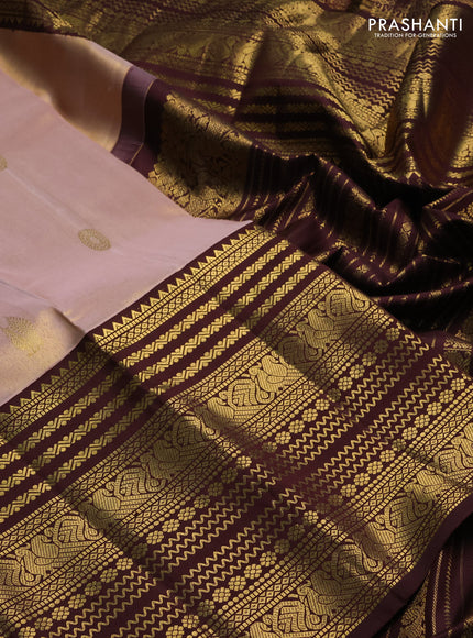 Pure kanchipuram silk saree mild peach and coffee brown with zari woven buttas and long zari woven border