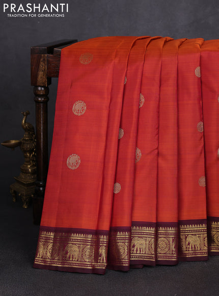 Pure kanchipuram silk saree rust shade and wine shade with zari woven buttas and rich zari woven border