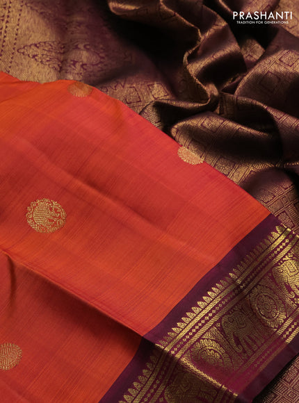 Pure kanchipuram silk saree rust shade and wine shade with zari woven buttas and rich zari woven border