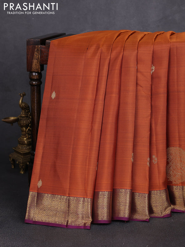 Pure kanchipuram silk saree rust shade and wine shade with zari woven buttas and rich zari woven border