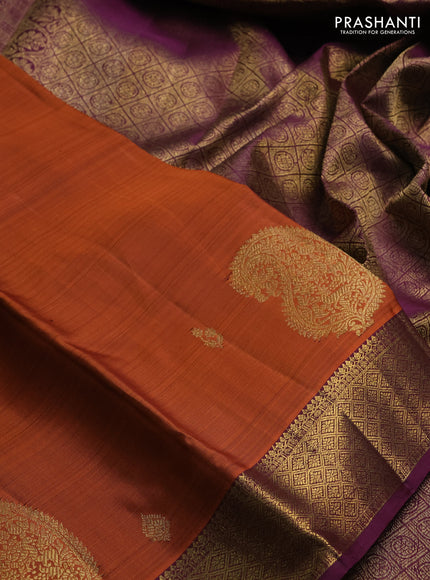 Pure kanchipuram silk saree rust shade and wine shade with zari woven buttas and rich zari woven border