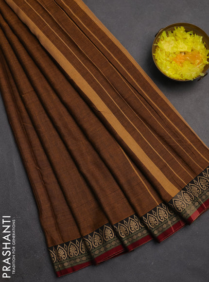Narayanpet cotton saree dark mustard and maroon with plain body and thread woven border