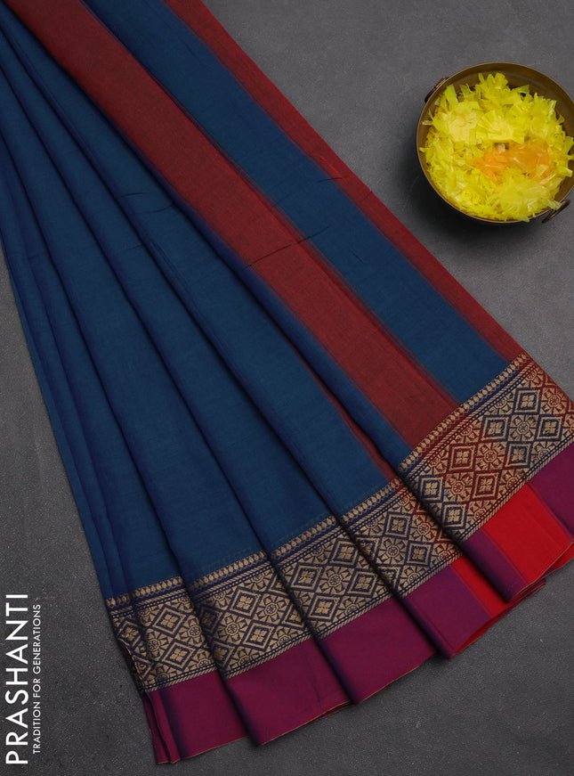 Narayanpet cotton saree dual shade of bluish green and magenta pink with plain body and thread woven simple border