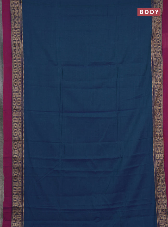 Narayanpet cotton saree dual shade of bluish green and magenta pink with plain body and thread woven simple border