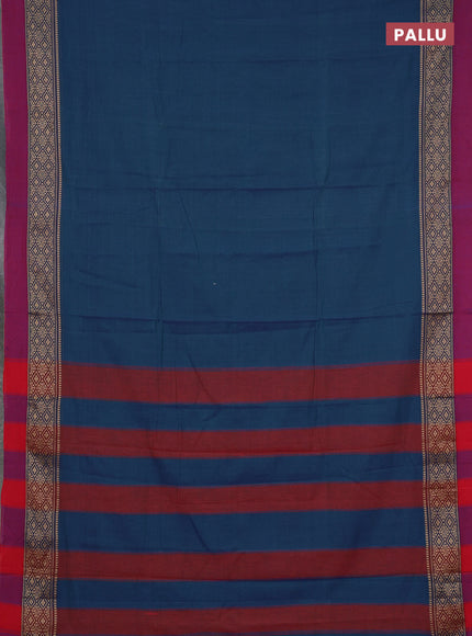 Narayanpet cotton saree dual shade of bluish green and magenta pink with plain body and thread woven simple border