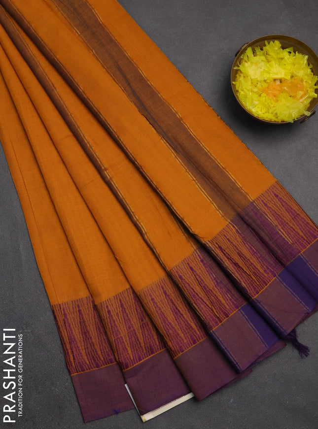 Narayanpet cotton saree mustard yellow and purple with plain body and temple design simple border