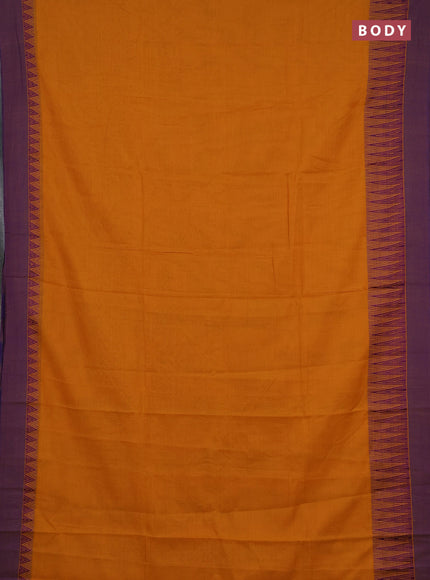 Narayanpet cotton saree mustard yellow and purple with plain body and temple design simple border