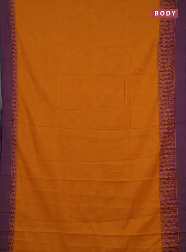 Narayanpet cotton saree mustard yellow and purple with plain body and temple design simple border
