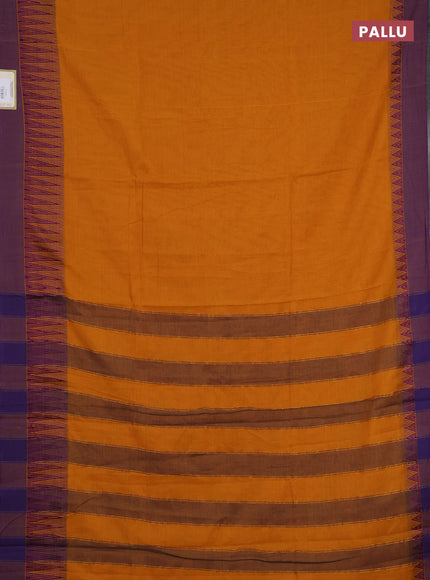 Narayanpet cotton saree mustard yellow and purple with plain body and temple design simple border