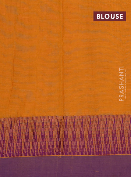 Narayanpet cotton saree mustard yellow and purple with plain body and temple design simple border