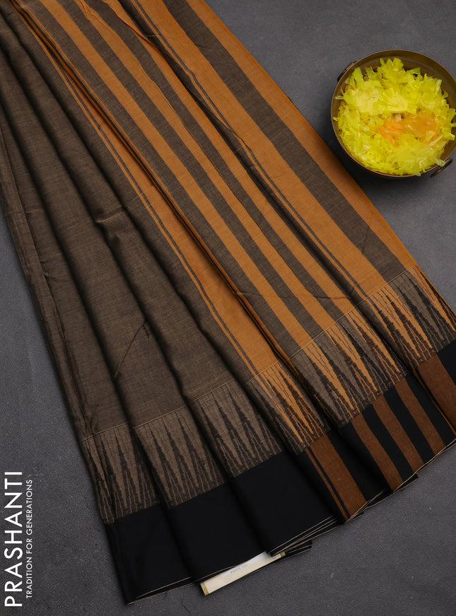 Narayanpet cotton saree chikku shade and black with plain body and temple design simple border