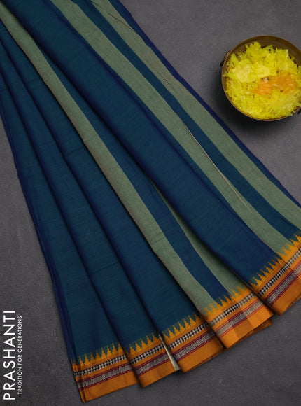 Narayanpet cotton saree dual shade of bluish green and mustard yellow with plain body and temple design thraed woven border