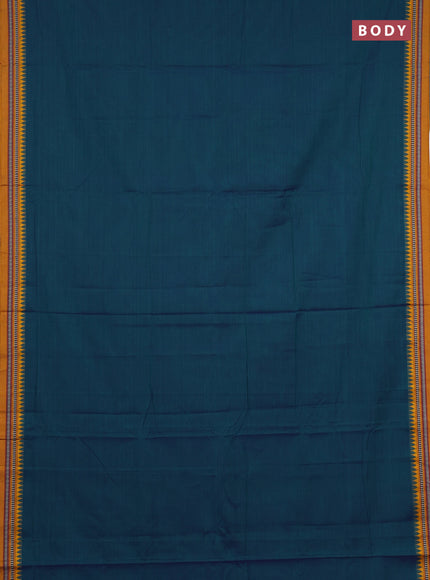Narayanpet cotton saree dual shade of bluish green and mustard yellow with plain body and temple design thraed woven border