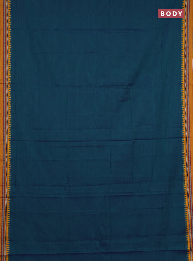 Narayanpet cotton saree dual shade of bluish green and mustard yellow with plain body and temple design thraed woven border