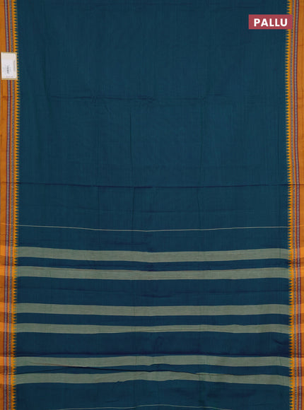 Narayanpet cotton saree dual shade of bluish green and mustard yellow with plain body and temple design thraed woven border