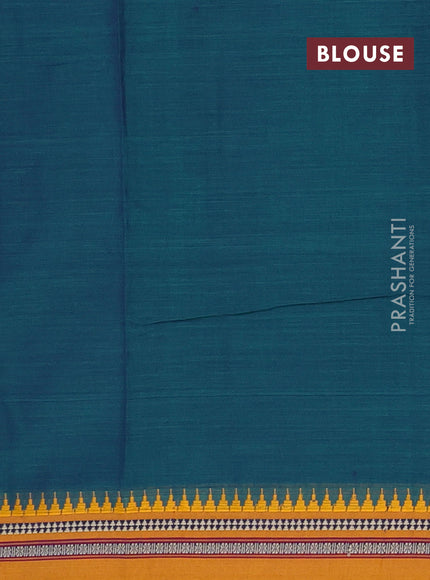 Narayanpet cotton saree dual shade of bluish green and mustard yellow with plain body and temple design thraed woven border